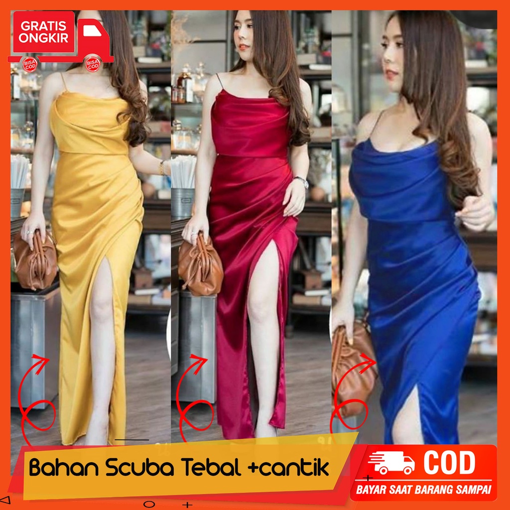 Dress Korea Panjang Sexy Wanita Kekinian 1218 Olla/ Gaun Dress Scuba Panjang Warna Merah Navy dan Ku
