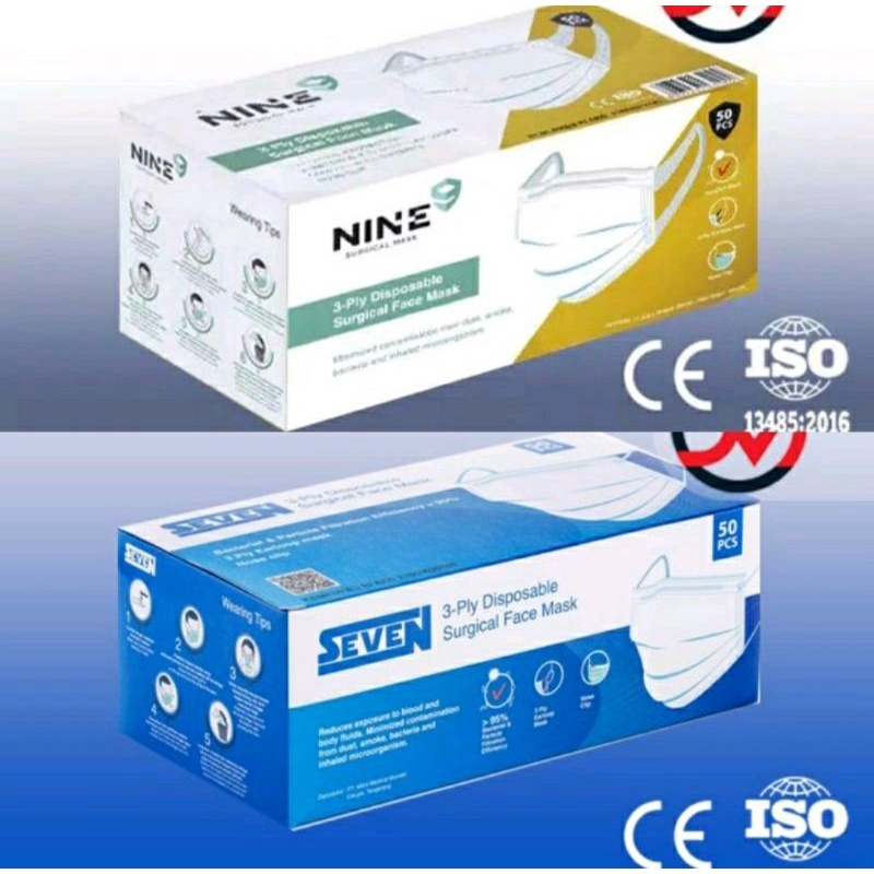 SEVEN Masker Medis / 3ply Surgical Face Mask / NINE Masker Medis Tali Lebar