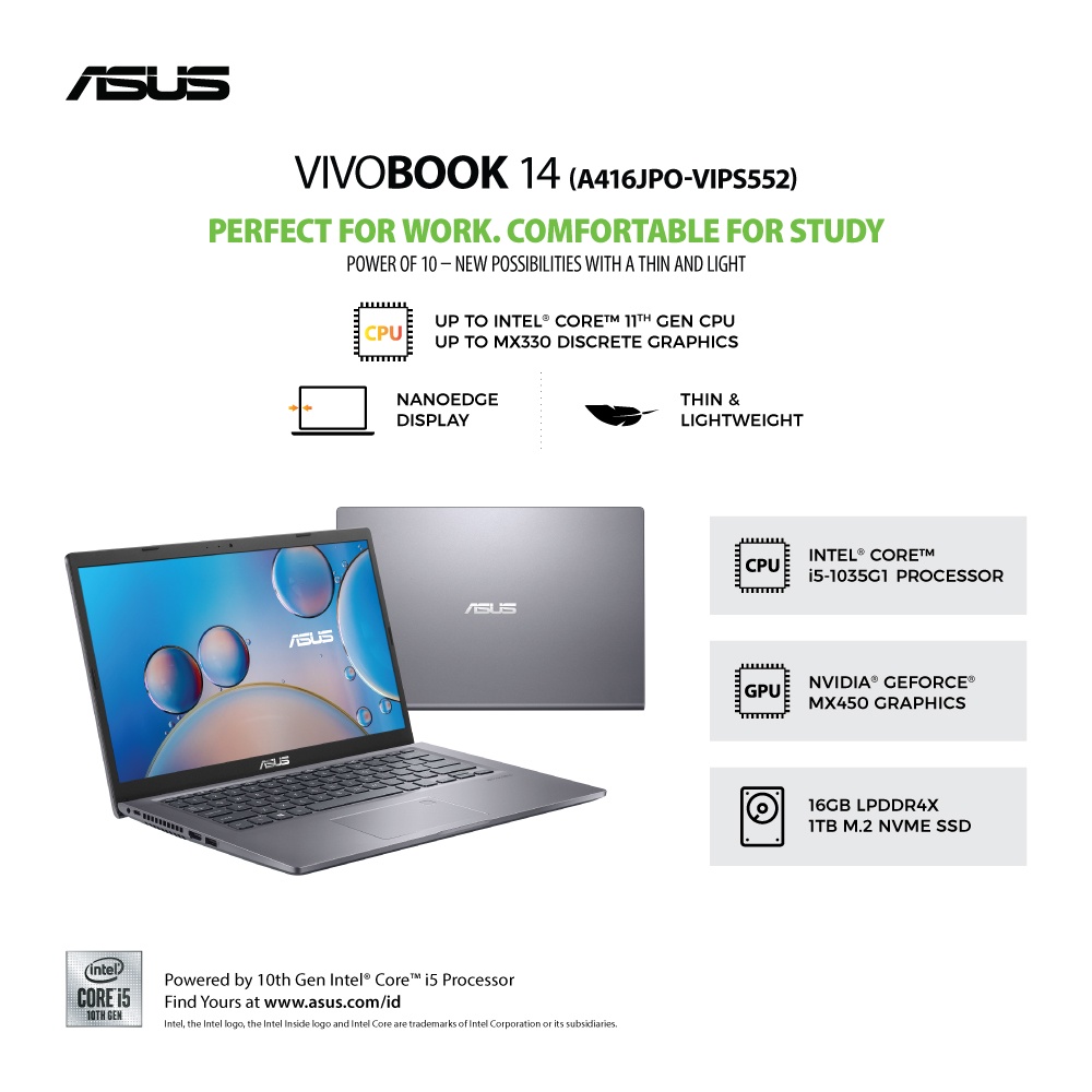 Asus A416JPO-VIPS552 Core i5-1135G7 /MX330 / 512G / 8GB / Slate Grey /14" VIPS / WIN10 OHS