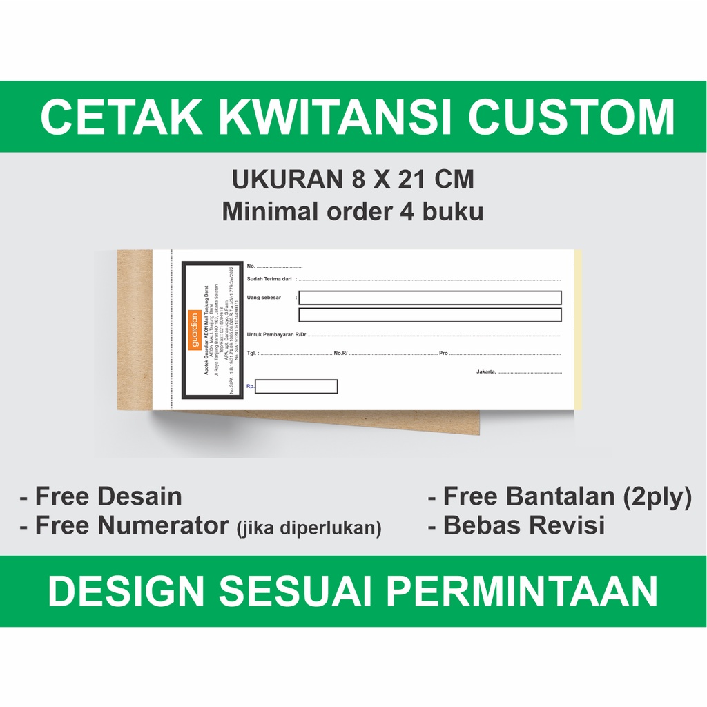 Jual CETAK KWITANSI CUSTOM 1 RANGKAP 2 RANGKAP UKURAN 8 X 21 CM ...