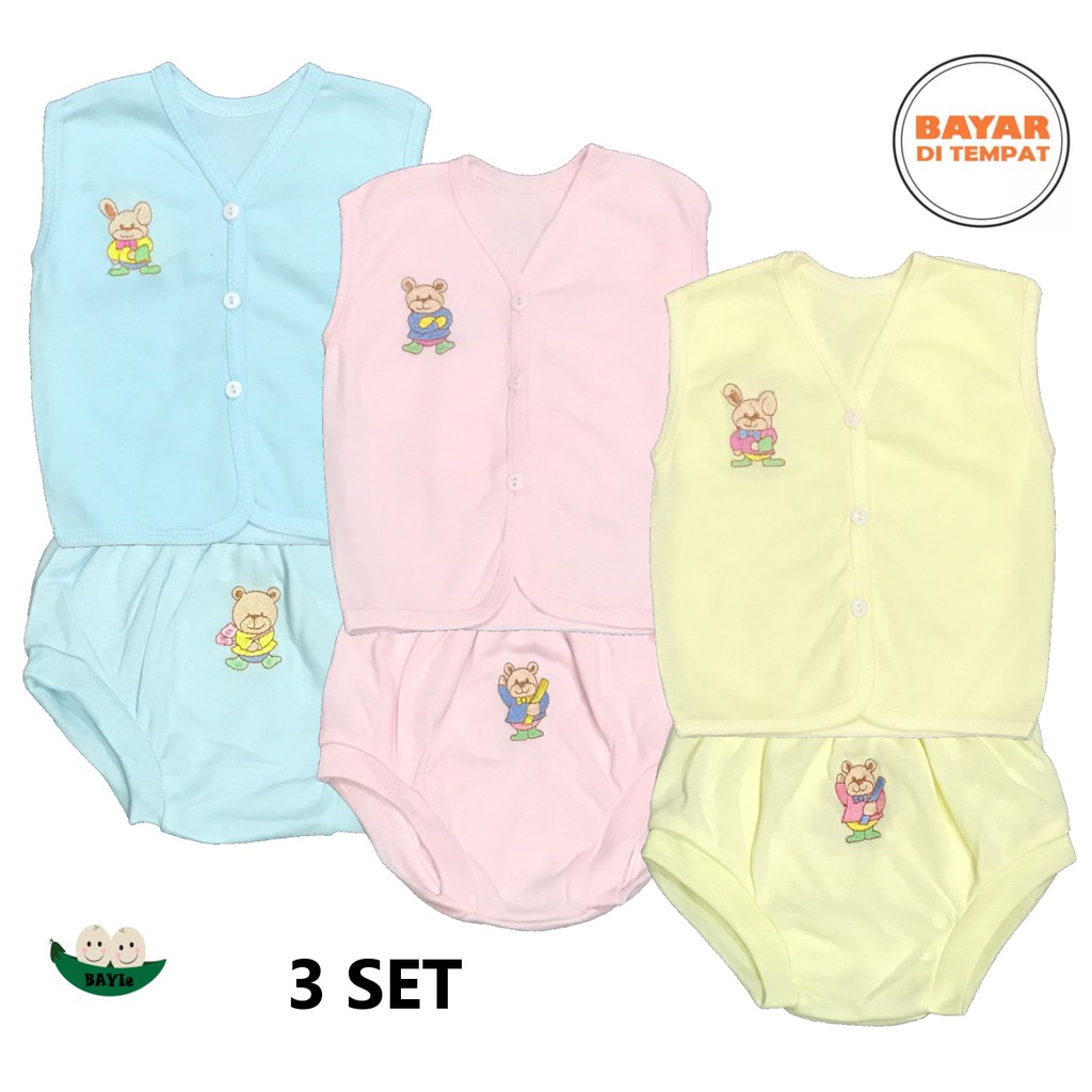 BAYIe - 3 SET Setelan Baju Bayi Buntung + Celana Segitiga Warna LILY PREMIUM Bahan TC tebal 0-3 bln