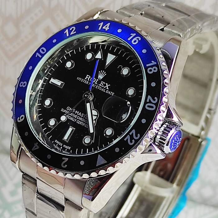 s0C22 Jam Tangan Pria / Cowok Rolex Gmt Rantai Automatic Matic - Hitam Biru, Boxkancingpolos