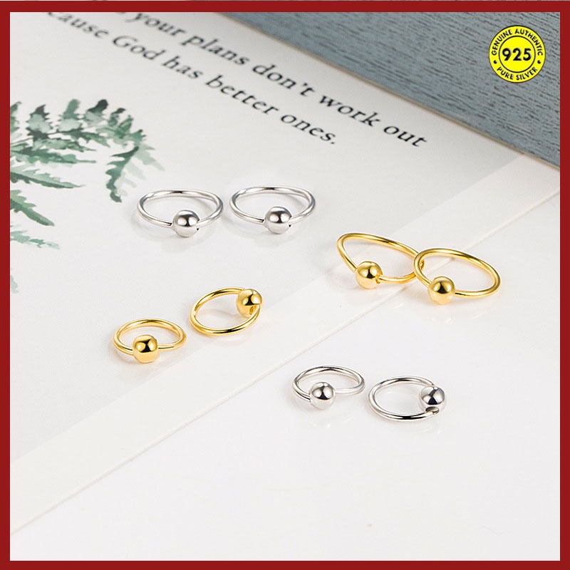 Anting Kait Sterling Silver Hias Manik-Manik Bulat Untuk Wanita