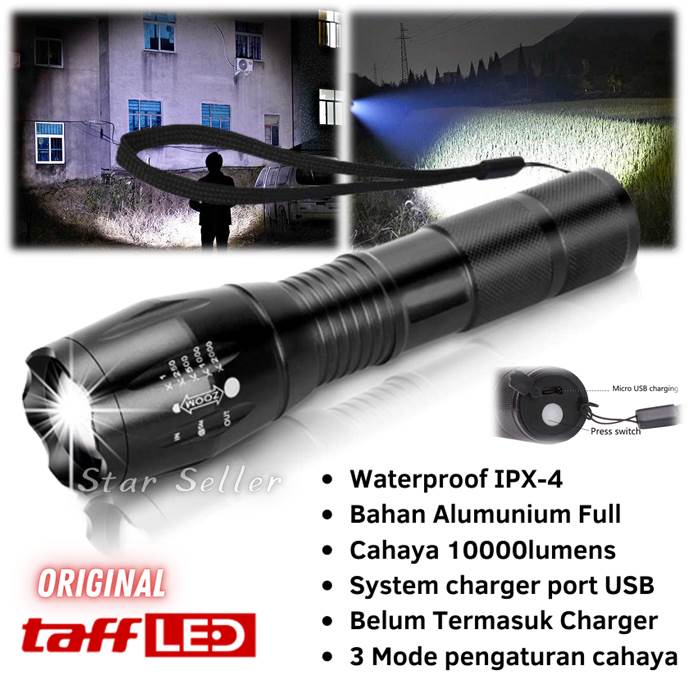 TERMURAH Senter Original LED SWAT Police USB Rechargable LED XML T6 10000 Lumens Super Terang by TaffWare