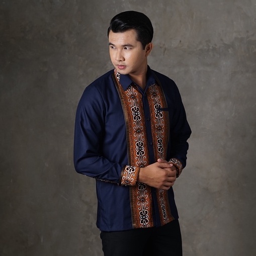 Baju Kemeja Kombinasi Batik Pria Modern Lengan Panjang Premium Mewah Warna Biru Dongker Navy Bahan K