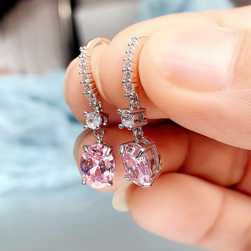 Anting Juntai Bentuk Oval CZ Warna Putih Kuning Pink Untuk Wanita