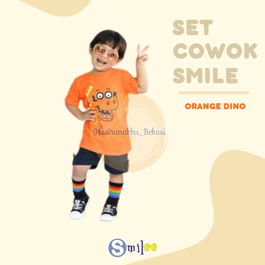 Setelan Anak Cowok Orange Dino Size 1, 2, 3 thn Murah