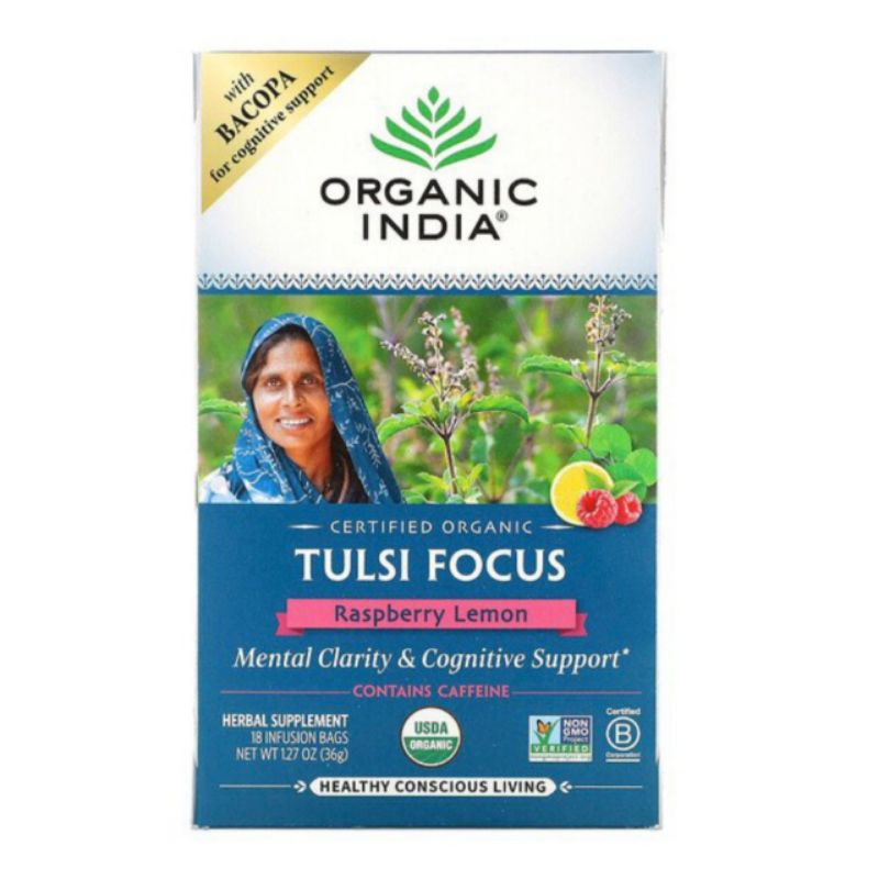 Organic India Tulsi Tea, Focus, Raspberry Lemon, 18 Infusion Bags, 1.27 oz (36 g)