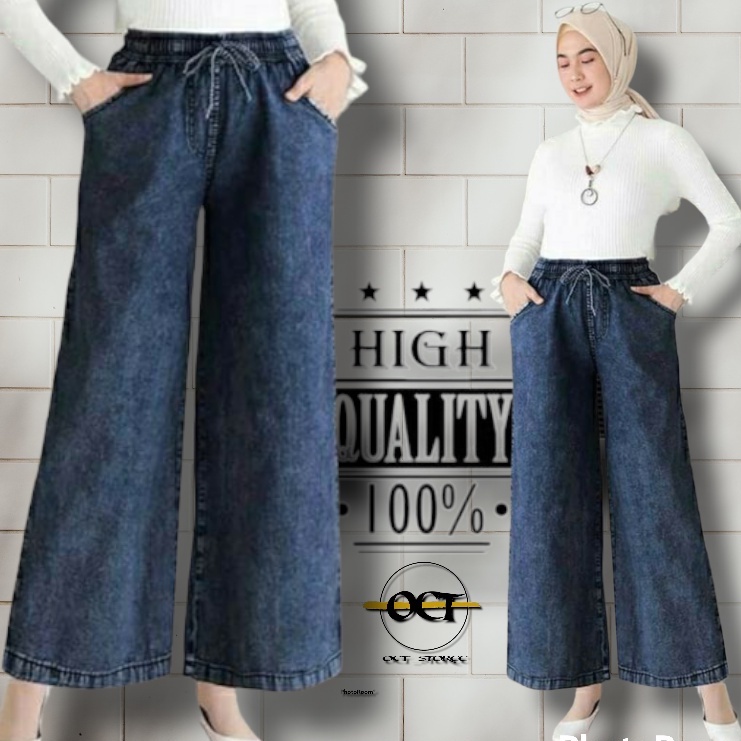 Highwaist Celana Panjang Jeans Kulot Wanita Pinggang Karet Oversize Bahan Denim