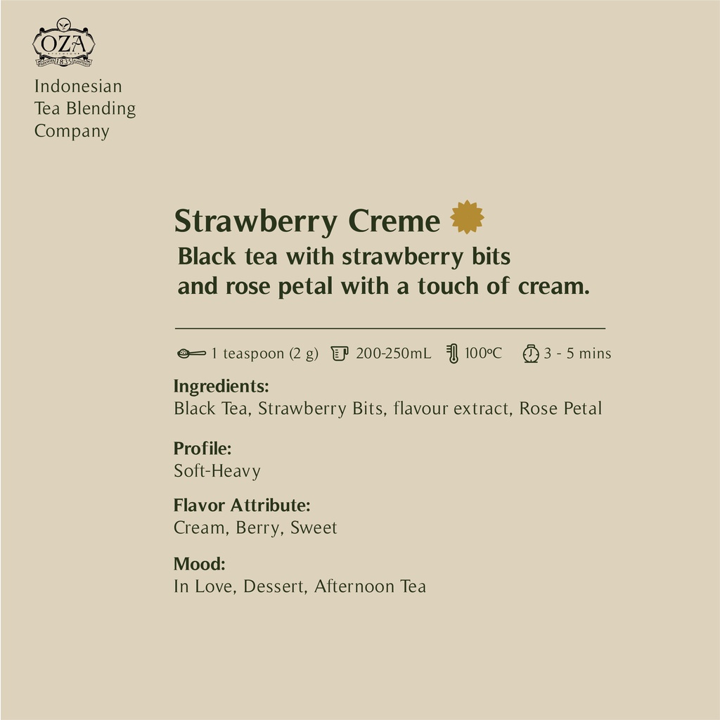 

OZA Tea - Strawberry Crme Artisan Tea - Black Tea Specialty Grade Teh Premium 40 gram (20 cups)
