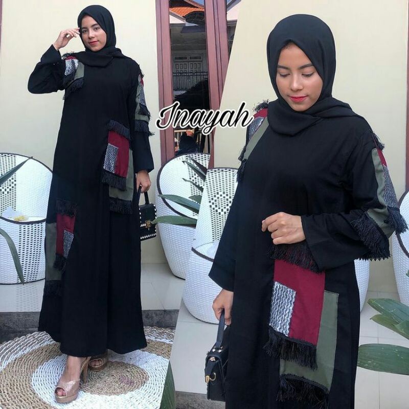 Abaya Inayah / Abaya Dubai Cantik Kekinian / Gamis Arab Hitam Terbaru