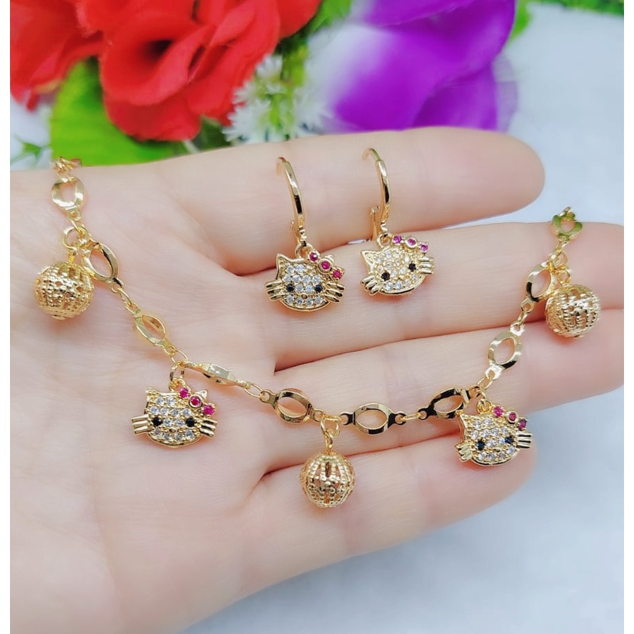 Set Gelang Kitty permata lapis emas fashion jewellery