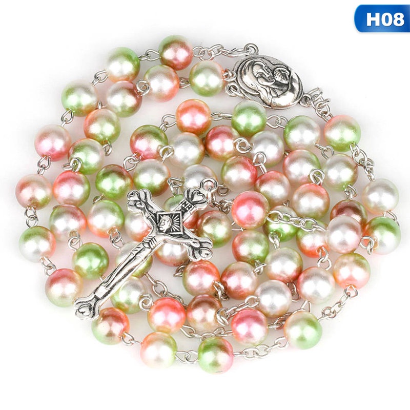 Fashion Bead Glass Pearl Catholic Christian Cross Catholic Rosary Necklace Gifts