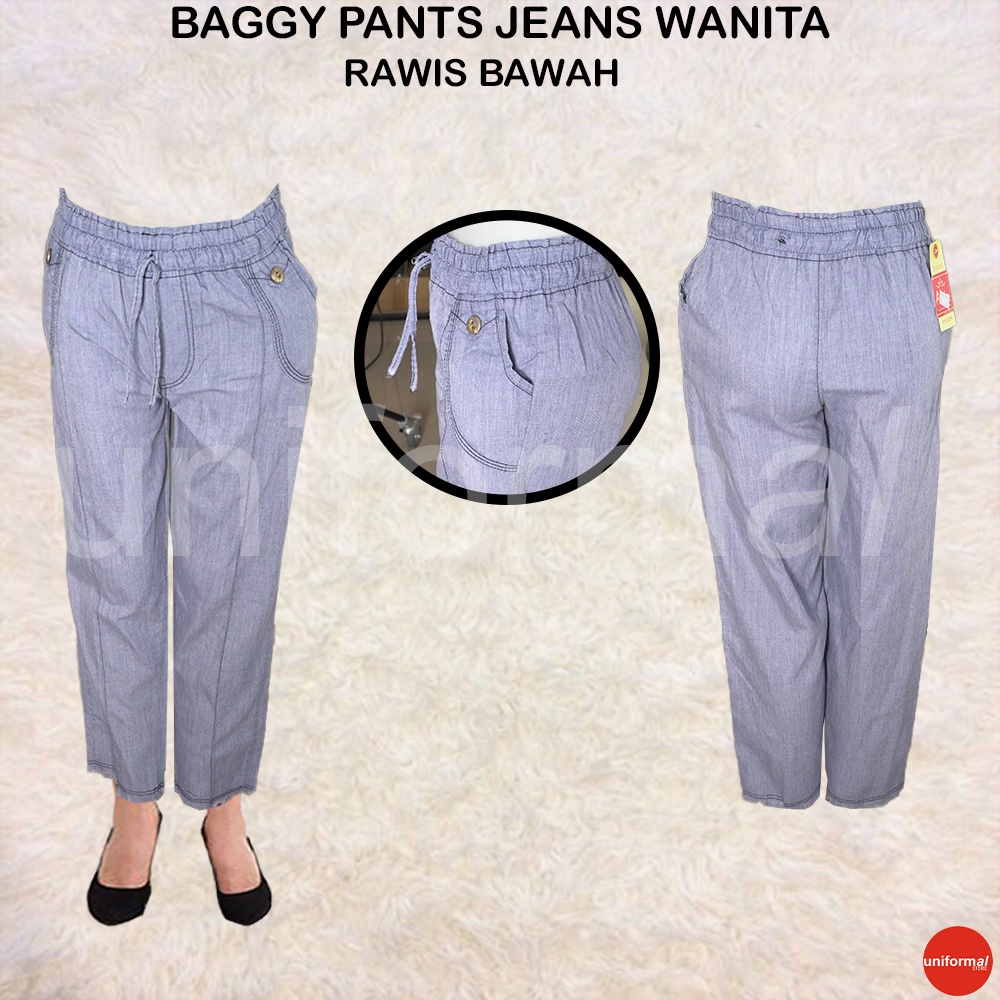 Celana Baggy Pants Jeans Wanita,  Baggy Pants Jins Model RAWIS, Celana Perempuan Pinggang Karet Tali, Celana Wanita Kekinian Saku Depan, Baggy Boyfrend Mid Waist ROSE BAGGY PANTS // BOYFRIEND JEANS SNOW