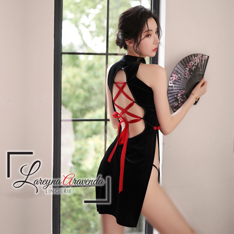 Set Lingerie + G String Seksi Model Cosplay Cheongsam Beludru LG262