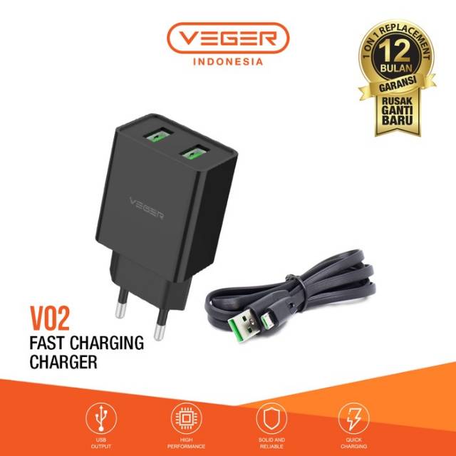 VEGER V02 ADAPTOR CHARGER 2 PORTS USB  FAST CHARGING 2,4A KEPALA CHARGER