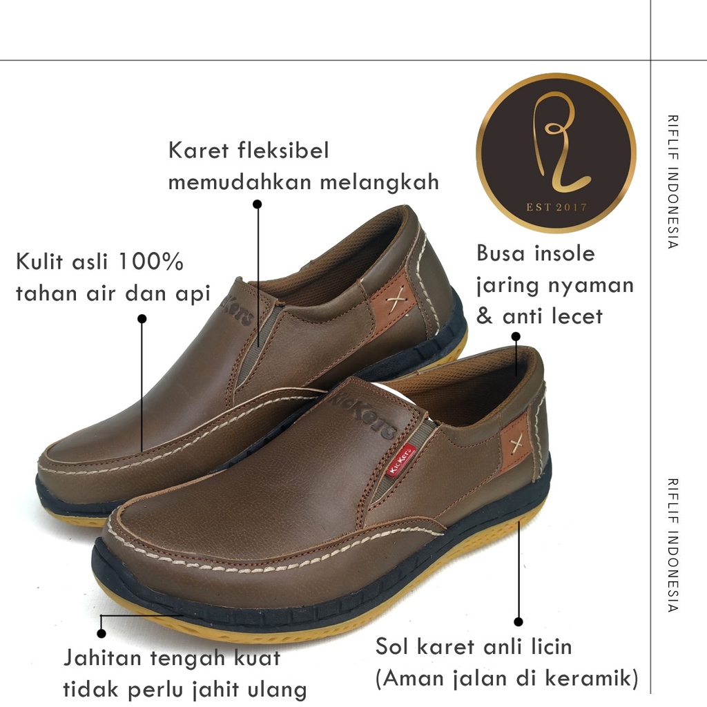 Sepatu Kickers / Sepatu Slip On Pria Bahan Kulit Asli 100% Sol Karet / Sepatu Casual Cowok Laki-laki untuk Jalan-Jalan Santai dan Traveling atau Kerja Lapangan Murah Keren Elegan