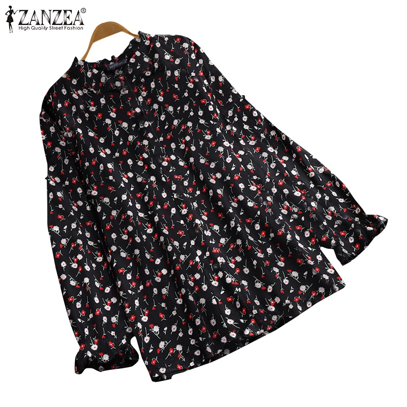 ZANZEA Women Full Sleeved Holiday O-Neck Blouse Puff Sleeved Floral Shirts