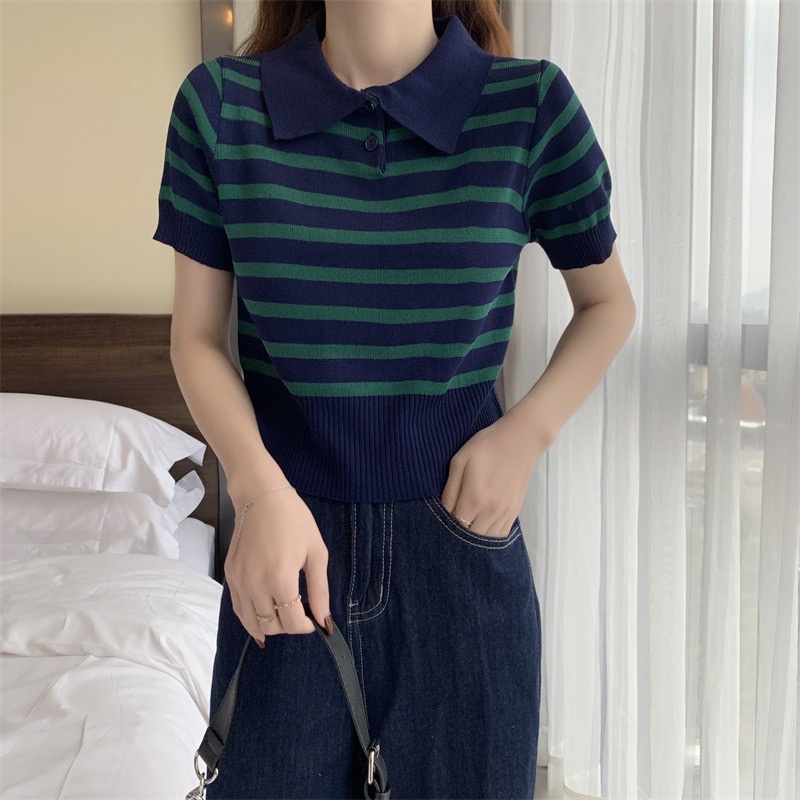 IRENE atasan polo korea rajut garis striped retro casual