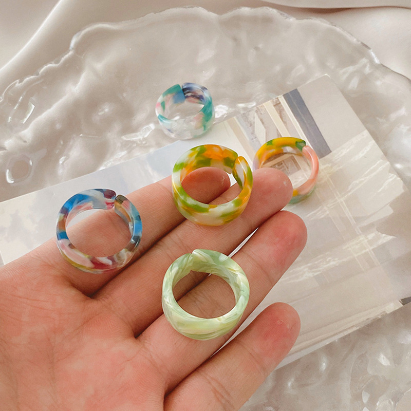 Simple geometric round candy color combination resin acrylic marble texture open ring set factory wholesale