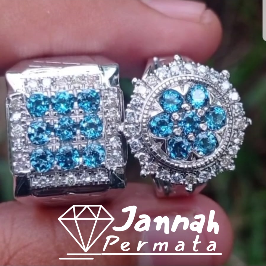Cincin Fashion Pria Wanita Couple Berlian Eropa Blue Topaz Murah Perak