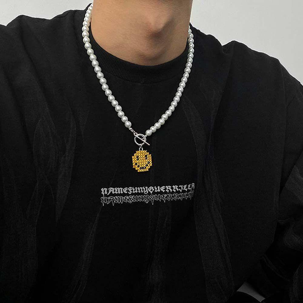 Nickolas1 Smiley Liontin Kalung Pria Wanita Minimalis Punk Hip Pop Mutiara Imitasi Kuba Rantai Fashion Perhiasan Choker Smiley Face Pendant Men Necklaces