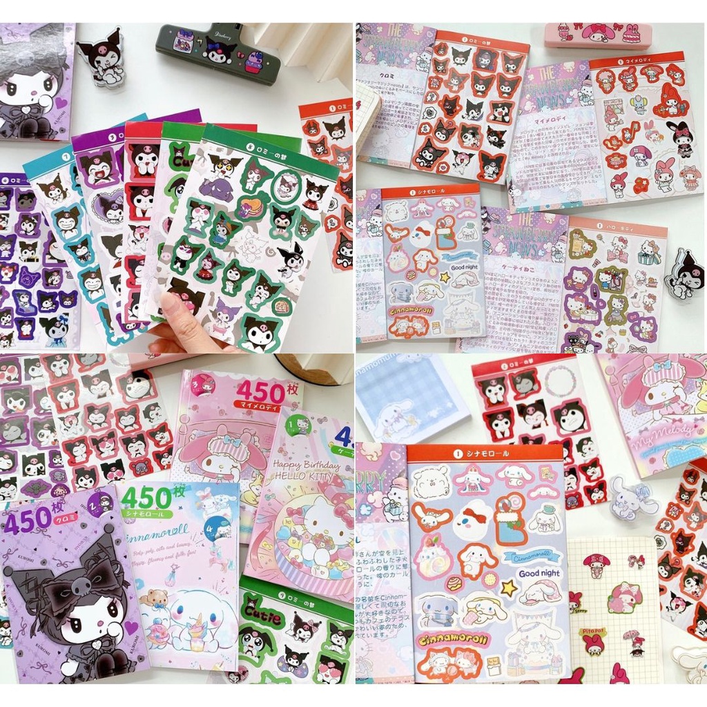 Buku Sticker Motif Kuromi Sanrio Hello Kitty Melody Cinnamo Roll 450 pcs (16 lembar) | Stiker Kuromi Lucu Journalling Deco