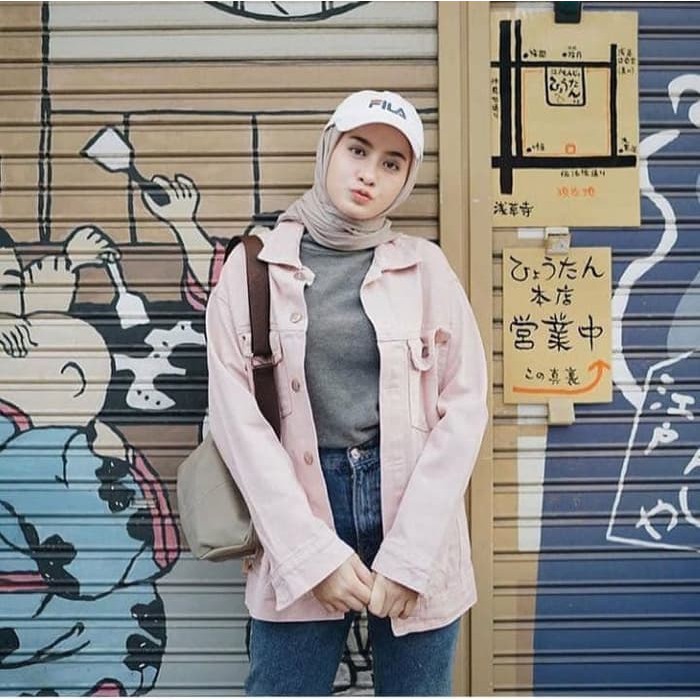 Oversized Jacket Jeans Denim Zara Jaket Pink Bio Blitz Tebal Import - Pink