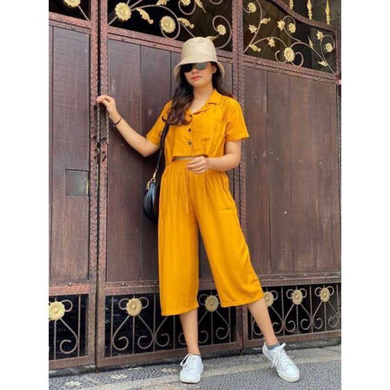 ONE SET CELANA 7/8 BAJU SANTAI WANITA SETELAN RAYON POLOS