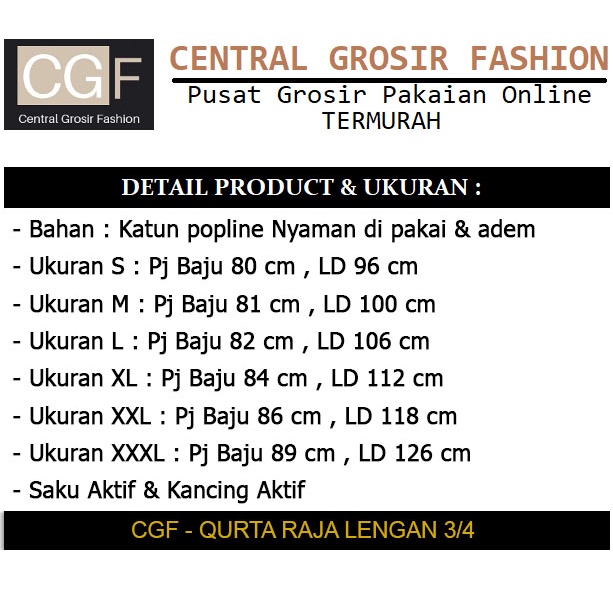 Qurta Raja Lengan 3/4  - Central Grosir Fashion (CGF) - Ukuran S-3XL - Matt Katun Poplin