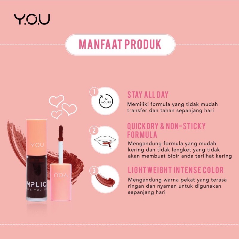 YOU Simplicity Love You Tint | Liptint Lipstick | Ringan Tahan Lama | Soft Tidak Lengket ( YOU MAKEUPS OFFICIAL STORE )