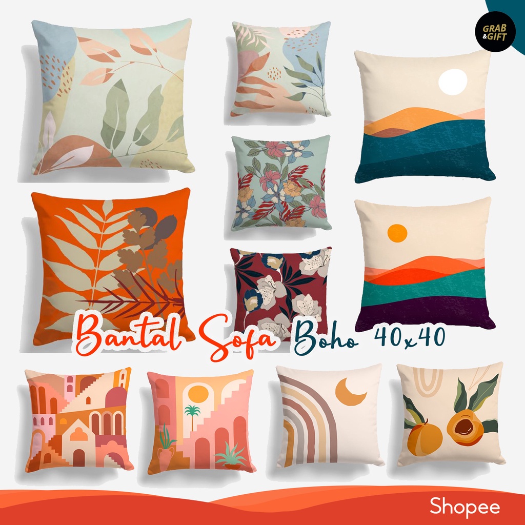 Bantal Sofa Motif Boho Aesthetic Floral Daun Bunga 40X40 cm Estetik