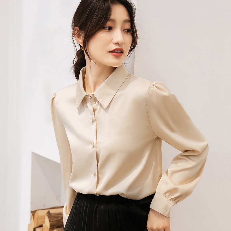 【Moon Blush】Korean Solid Button Import Halus Lembut Satin Shirt 7053(S/M/L)