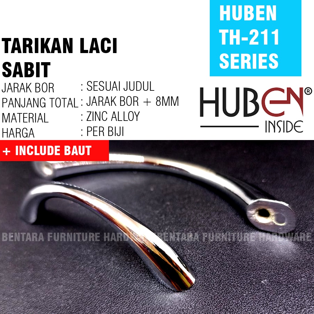 HUBEN TH-211 64 MM - TARIKAN LACI SOLID TARIKAN SABIT PINTU KABINET LEMARI MEJA DRAWER HANDLE ZINC ALLOY CHROME &amp; GOLD