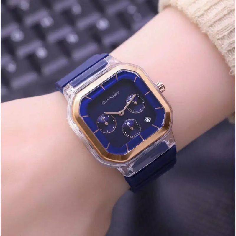 Jam Tangan Wanita Cewek Hush Puppies Segi Strap Rubber Tanggal Aktif