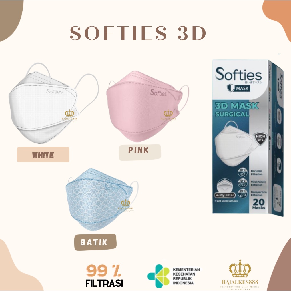 SOFTIES 3D MASK SURGICAL EARLOOP 4 PLY ISI 20PC WARNA PUTIH / MASKER KF94 CONVEX / MASKER MEDIS