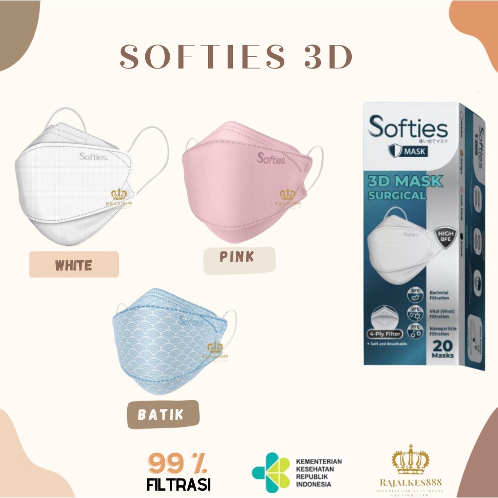 SOFTIES 3D MASK SURGICAL EARLOOP 4 PLY ISI 20PC WARNA PUTIH / MASKER KF94 CONVEX / MASKER MEDIS