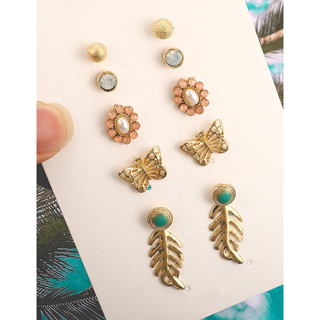LRC Anting Set Fashion Gold Alloy Openwork Butterfly Flower With Diamond Leaf Studs 5 Pairs F78109