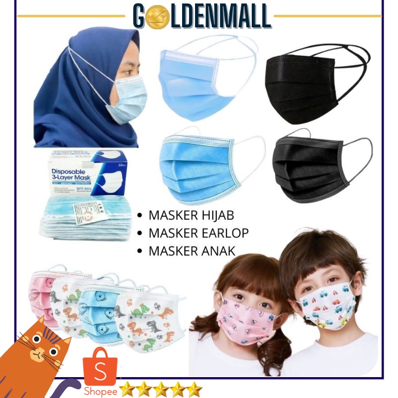 Masker Mulut Earloop Headloop / Masker Hijab / Masker Anak 3 Lapis Anti Debu PER 50PCS GM165