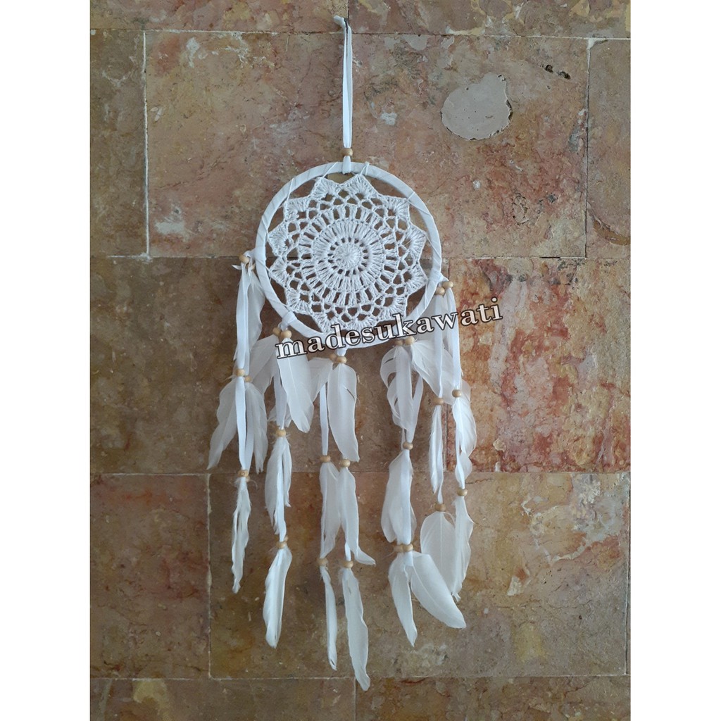 Dream catcher sulam diameter 17cm panjang 58cm dekorasi gantungan hiasan bulu ayam