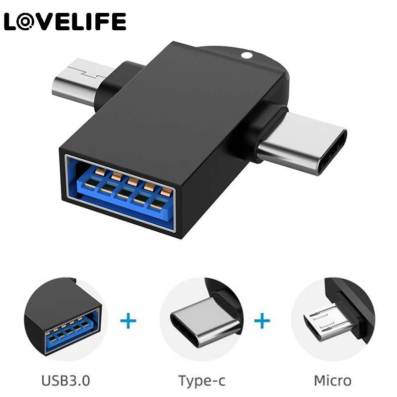 2 IN 1 Adapter OTG USB Ke Tipe-C Female Ke Micro USB Tipe C Male Untuk Laptop / Handphone