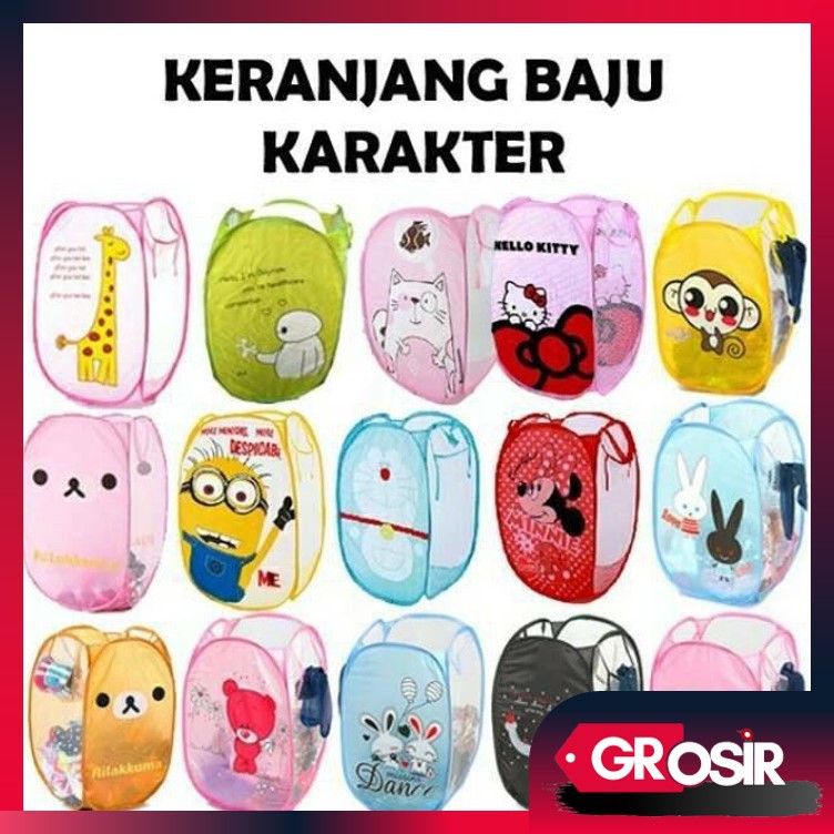 Grosir - H213 [PROMO] Keranjang Baju Kotor Lipat Motif Karakter Laundry Basket