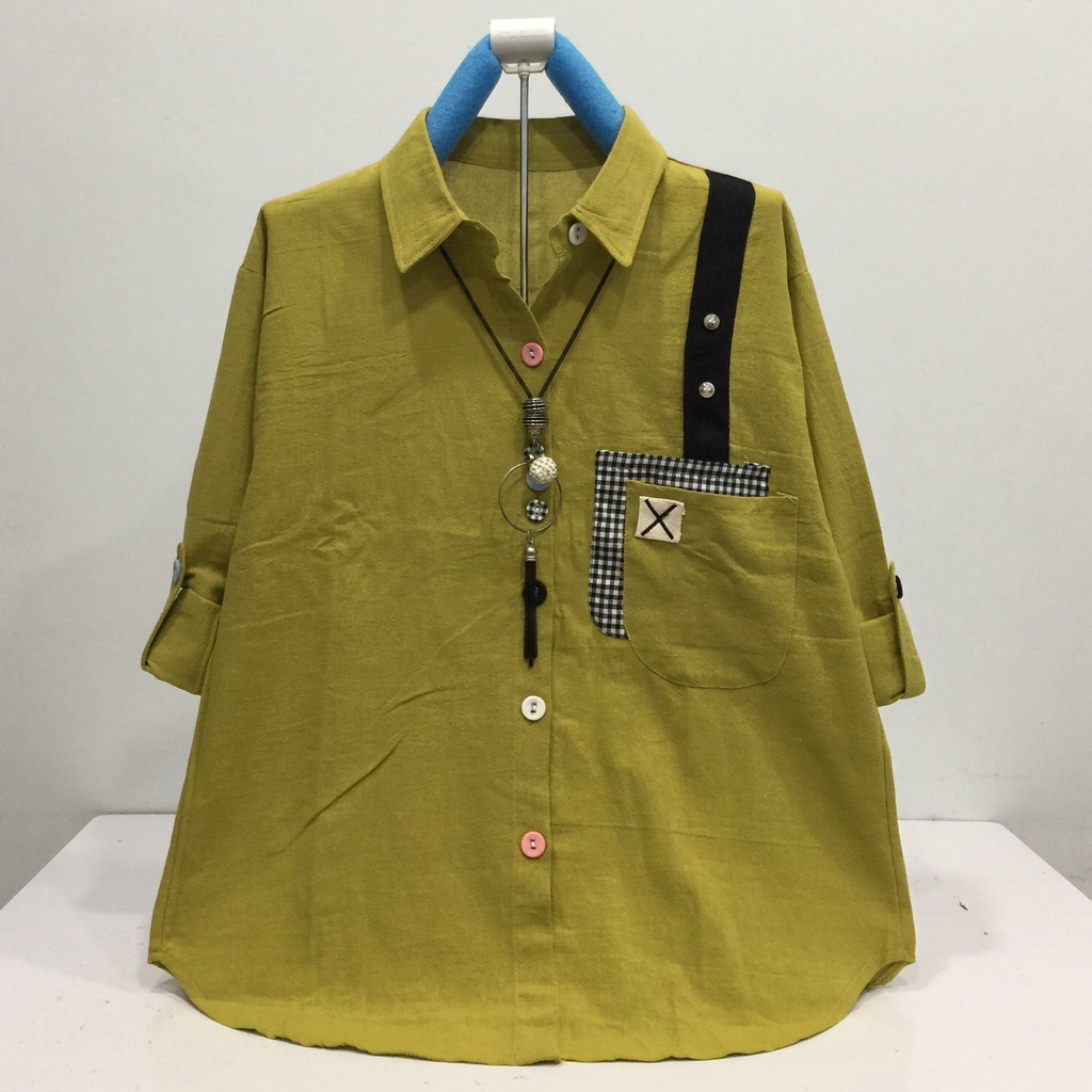 HVL B343 ATASAN KEMEJA WANITA KATUN LINEN IMPORT SIZE XL LD 106CM-HIJAU LEMON