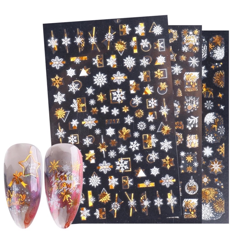 1 Sheet Pack  3D Christmas Gold Silver Snowflakes Nail Foils / 3D Self-Adhesive Tree Bells Elk Snowflake Paper Nails Stickers / Manicure Art Decorations / DIY Nail Decor Tools