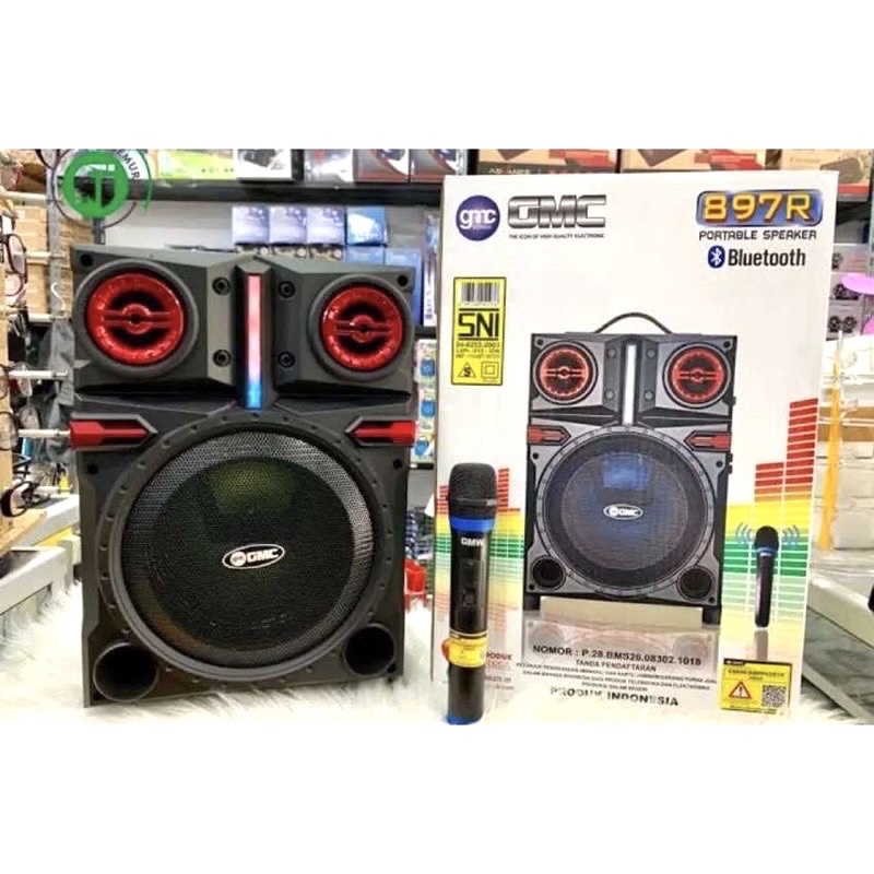 SPEAKER PORTABLE BLUETOOTH GMC 897R 897 R BONUS MIC WIRELESS 8inch 8 inch 8in AMPLIMEETING SPEAKER K