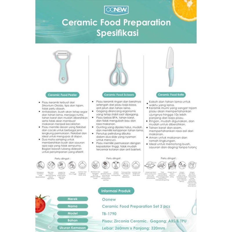 Oonew Ceramic Food Preparation Set / Gunting Pisau Peeler Keramik