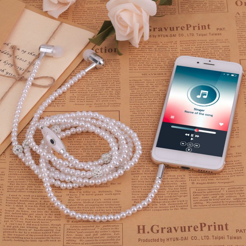 ⚡YZ [COD/Ready]Jewelry Pearl Necklace Earphones W/Mic 3.5mm In-ear Stereo Headphone Headset