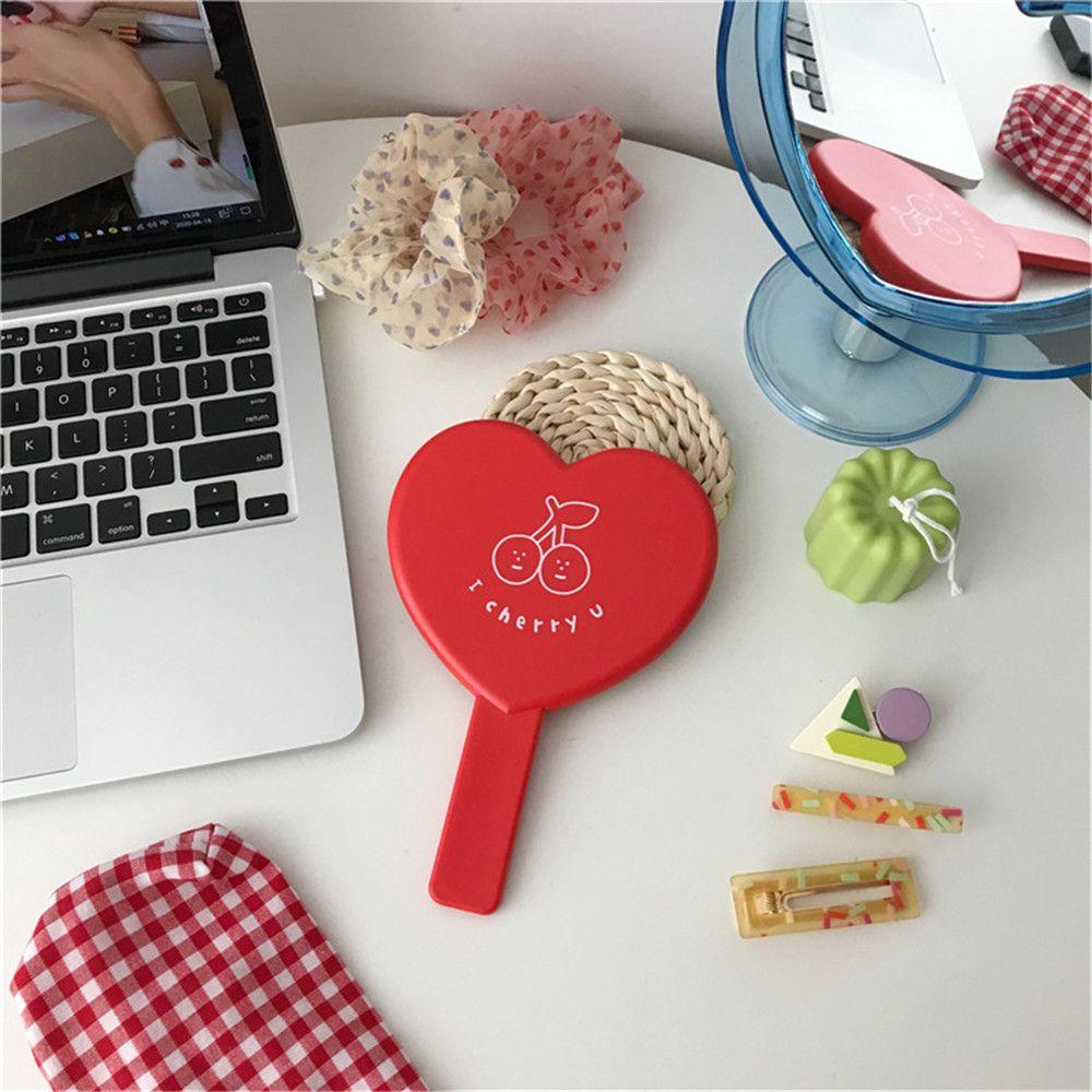 R-flower Handheld Cute Untuk Wanita Vanity Mirror Dengan Gagang Berbentuk Hati