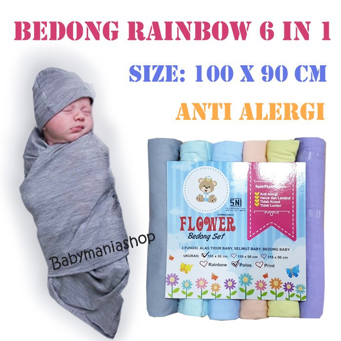 Bedong Rainbow isi 6pcs Kain Bedong Flower Bedong Bayi 6in1 Polos Selimut Swaddle Wrap Baby Babymani