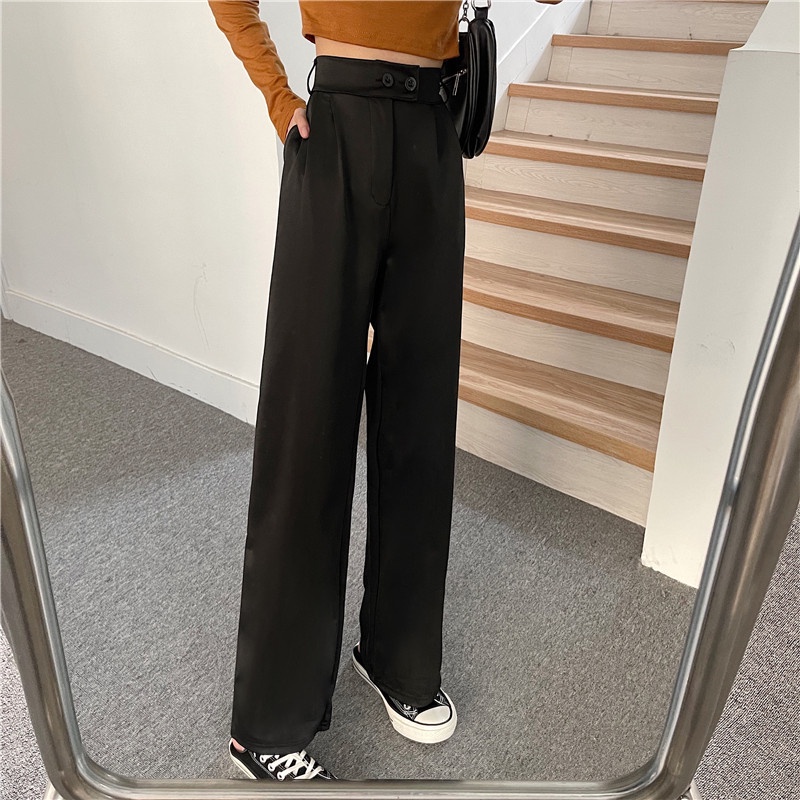 yikoo-Celana panjang dua kancing setelan high waist pants casual wanita